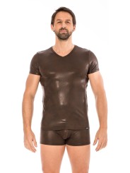 T-shirt  Homme, en simili cuir marron, effet mouillé de chez votre grossiste LOOKME, sépcialiste en lingerie BDSM pour Homme.