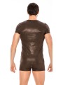 T-shirt  Homme, en simili cuir marron, effet mouillé de chez votre grossiste LOOKME, sépcialiste en lingerie BDSM pour Homme.