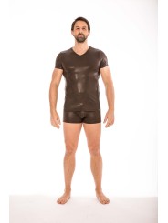 T-shirt  Homme, en simili cuir marron, effet mouillé de chez votre grossiste LOOKME, sépcialiste en lingerie BDSM pour Homme.