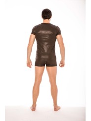 T-shirt  Homme, en simili cuir marron, effet mouillé de chez votre grossiste LOOKME, sépcialiste en lingerie BDSM pour Homme.