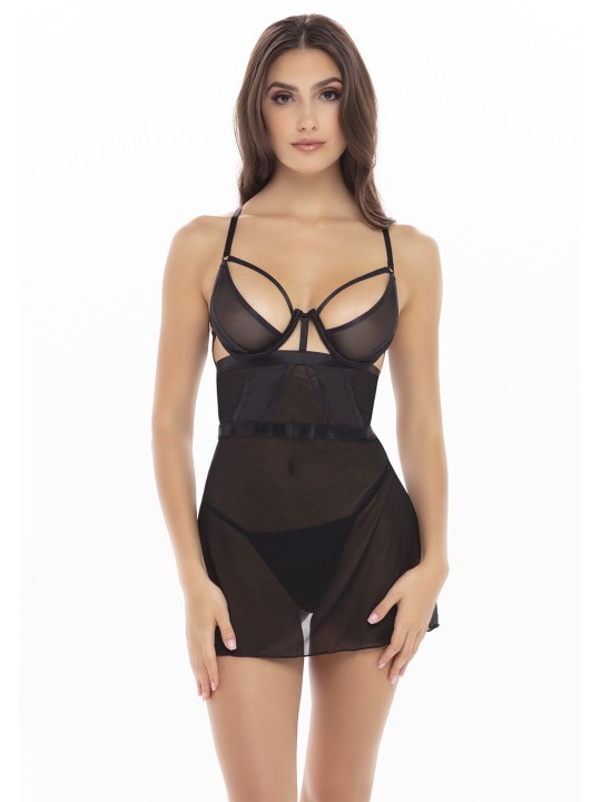 Nuisette résille transparente noire et string noire de la collection René Rofé Sexy.