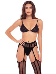 Soutien-gorge noire en résille avec porte-jarretelle, bas intégré et string de la collection rené rofé.