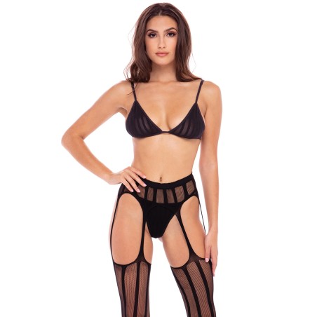 Soutien-gorge noire en résille avec porte-jarretelle, bas intégré et string de la collection rené rofé.