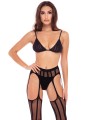 Soutien-gorge noire en résille avec porte-jarretelle, bas intégré et string de la collection rené rofé.