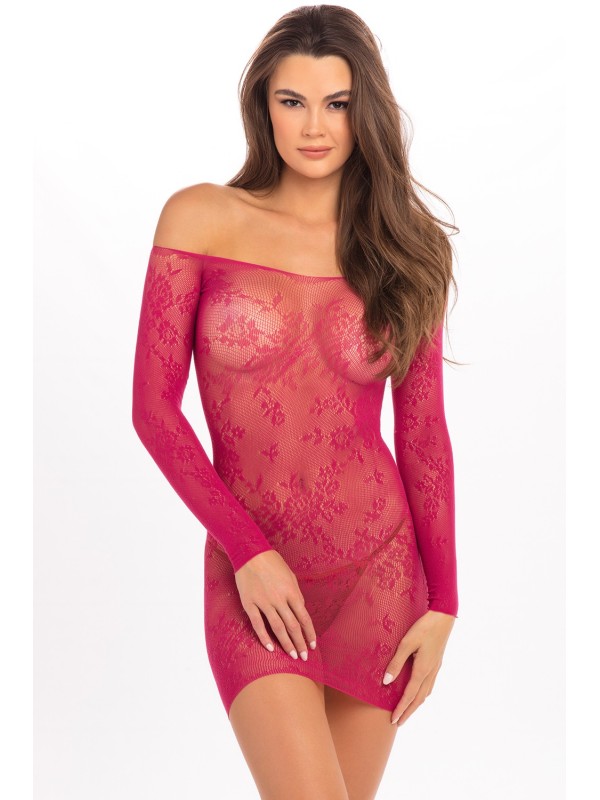 Grossiste en dropshipping en mini robe transparente, en dentelle florale, manches longues.