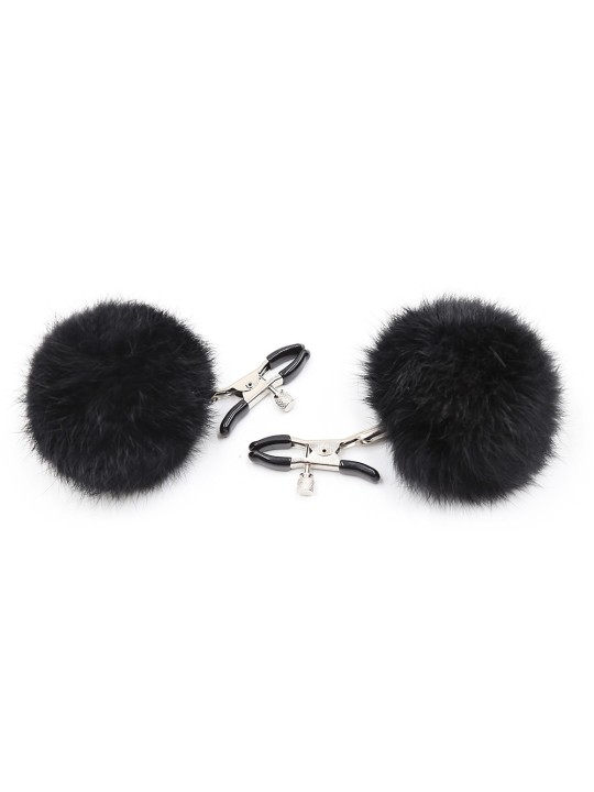 Pinces à seins réglables avec pompoms noire de la collection Bdsm Dreamy Fetish.