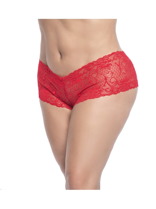 Shorty rouge, grande taille, ouvert en dentelle et matières agréables