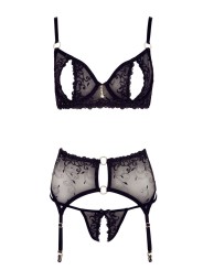 Soutien-gorge dentelle noire, porte-jarretelle et string de la collection Cottelli.