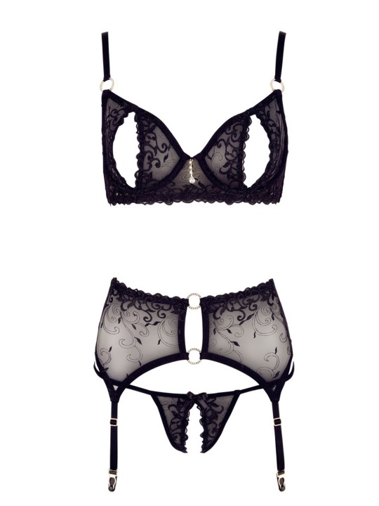 Soutien-gorge dentelle noire, porte-jarretelle et string de la collection Cottelli.