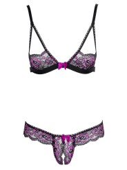 Ensemble soutien-gorge et culotte ouverte en dentelle noire et rose de la collection Cottelli.