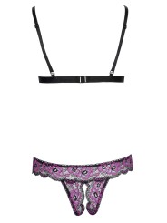 Ensemble soutien-gorge et culotte ouverte en dentelle noire et rose de la collection Cottelli.