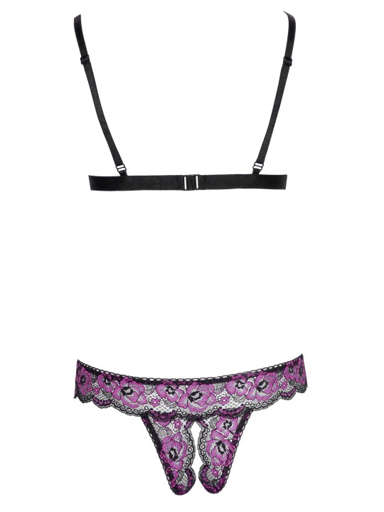 Ensemble soutien-gorge et culotte ouverte en dentelle noire et rose de la collection Cottelli.