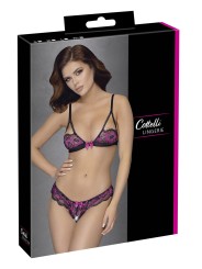 Ensemble soutien-gorge et culotte ouverte en dentelle noire et rose de la collection Cottelli.