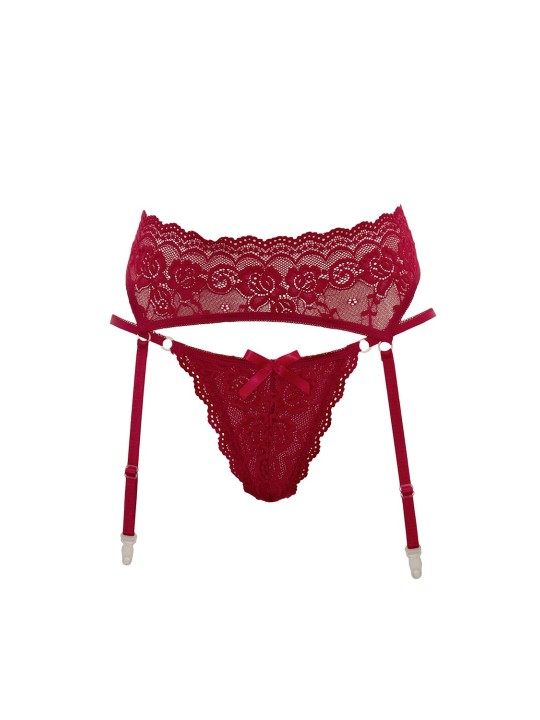 Porte-jarretelles en dentelle florale rouge avec son string rouge sexy de la collection Cottelli lingerie sexy.