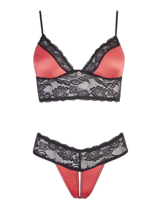 soutien-gorge dentelle et satin rouge avec son string assorti de la collection Cottelli