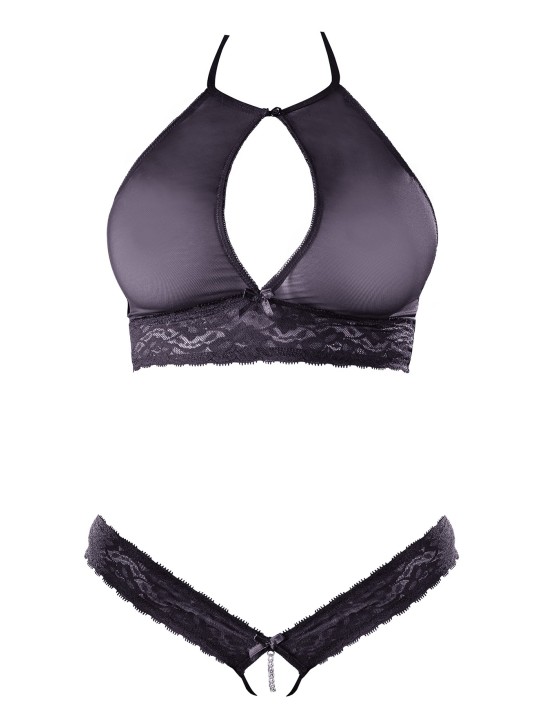 Soutien-gorge bandeau en résille et dentelle florale et son string noir ouvert de la collection Cottelli.