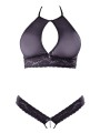 Soutien-gorge bandeau en résille et dentelle florale et son string noir ouvert de la collection Cottelli.