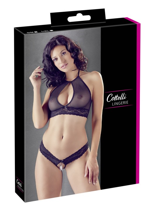 Soutien-gorge bandeau en résille et dentelle florale et son string noir ouvert de la collection Cottelli.