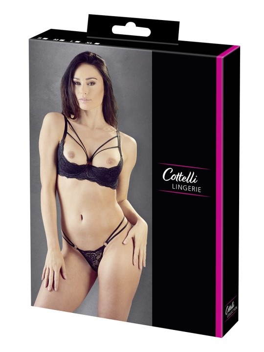 Soutien-gorge avec armatures demi seins et son string dentelle noire assortie de la collection cottelli