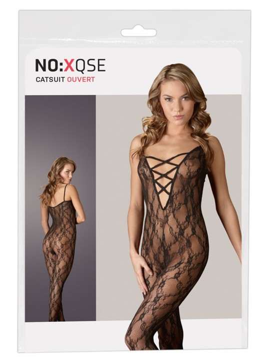 Bodystocking avec pieds en dentelle noire avec bandes croisées sur la poitrine de la collection Cottelli.