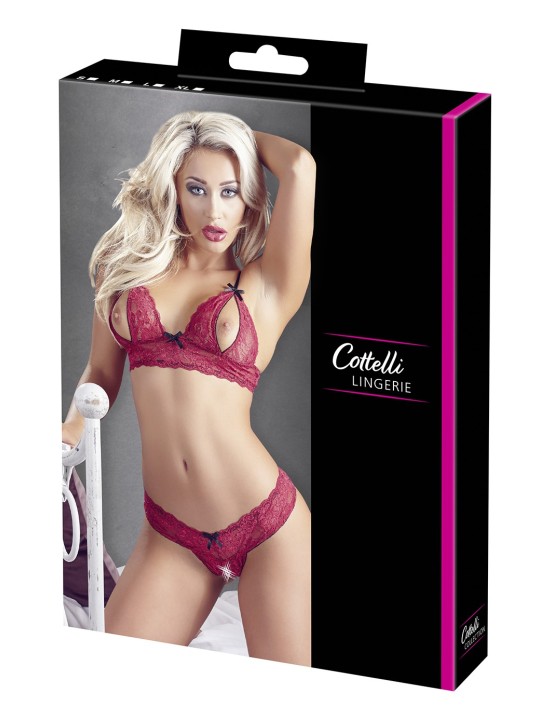 Soutien-gorge avec bonnets ouverts et string assorti en dentelle rouge de la collection Cottelli.